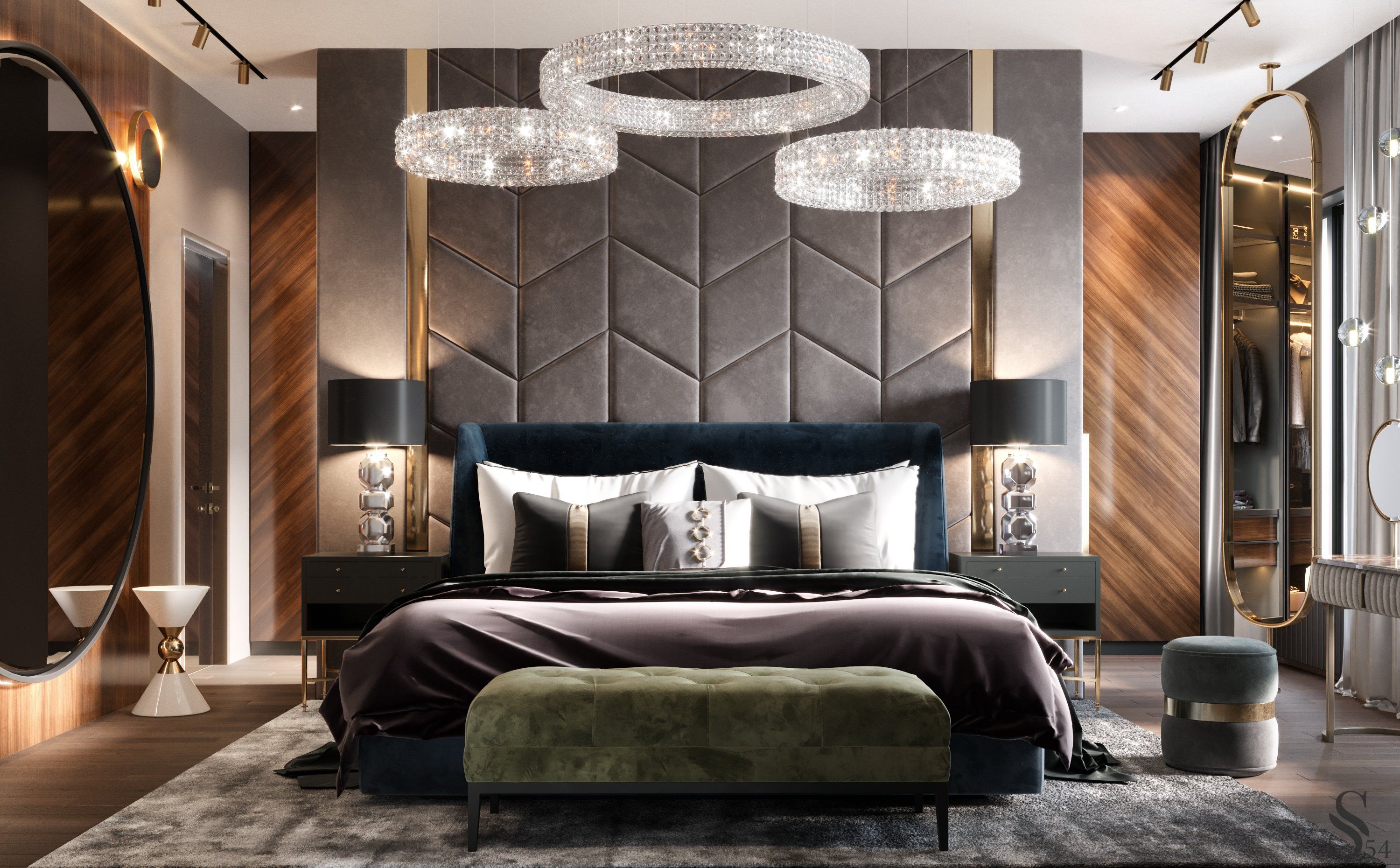 The master bedroom is adorned with a mesmerizing, almost sparkling chandelier
