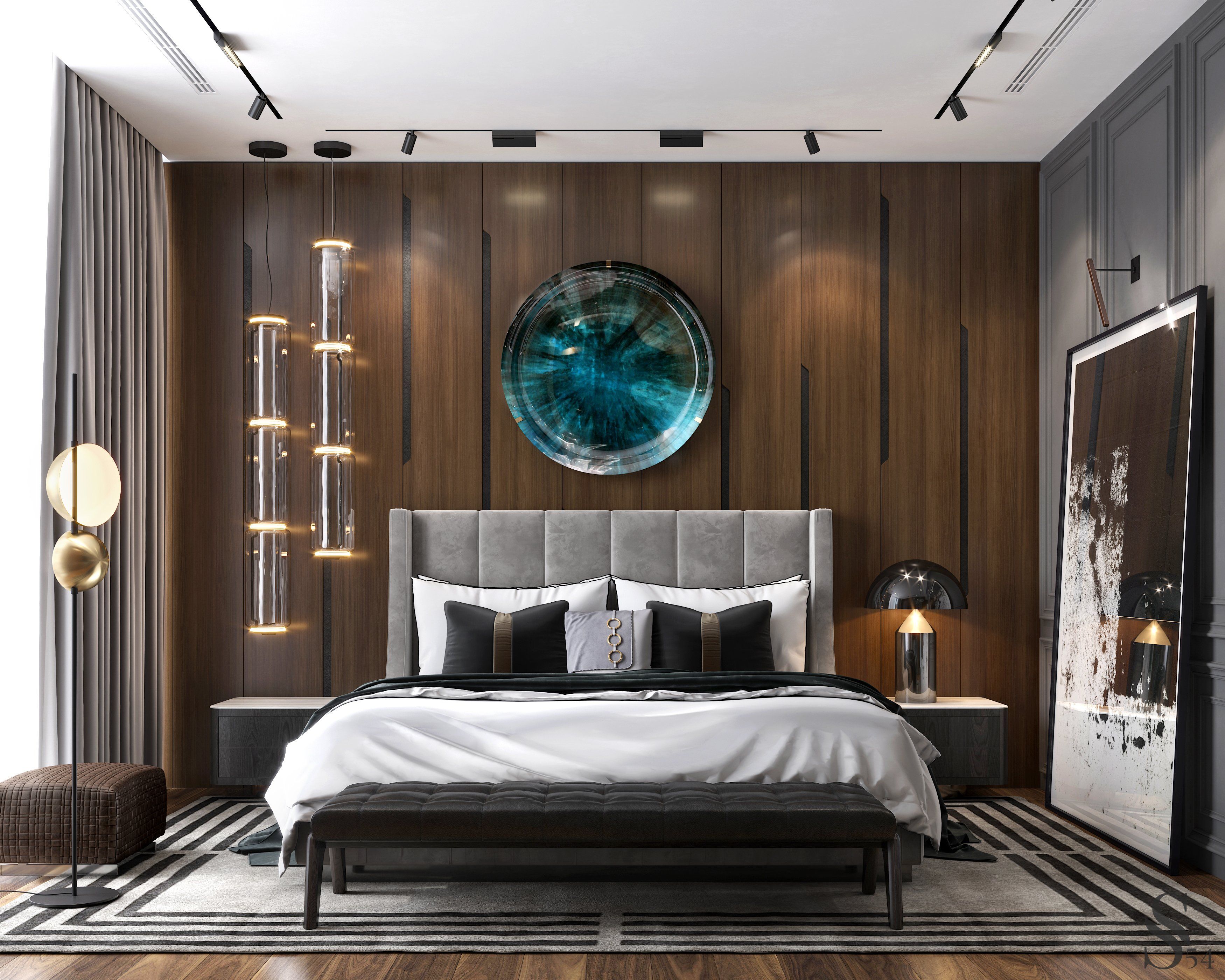 The curved mirror by Christophe Gaignon creates a colorful accent in this luxurious bedroom
