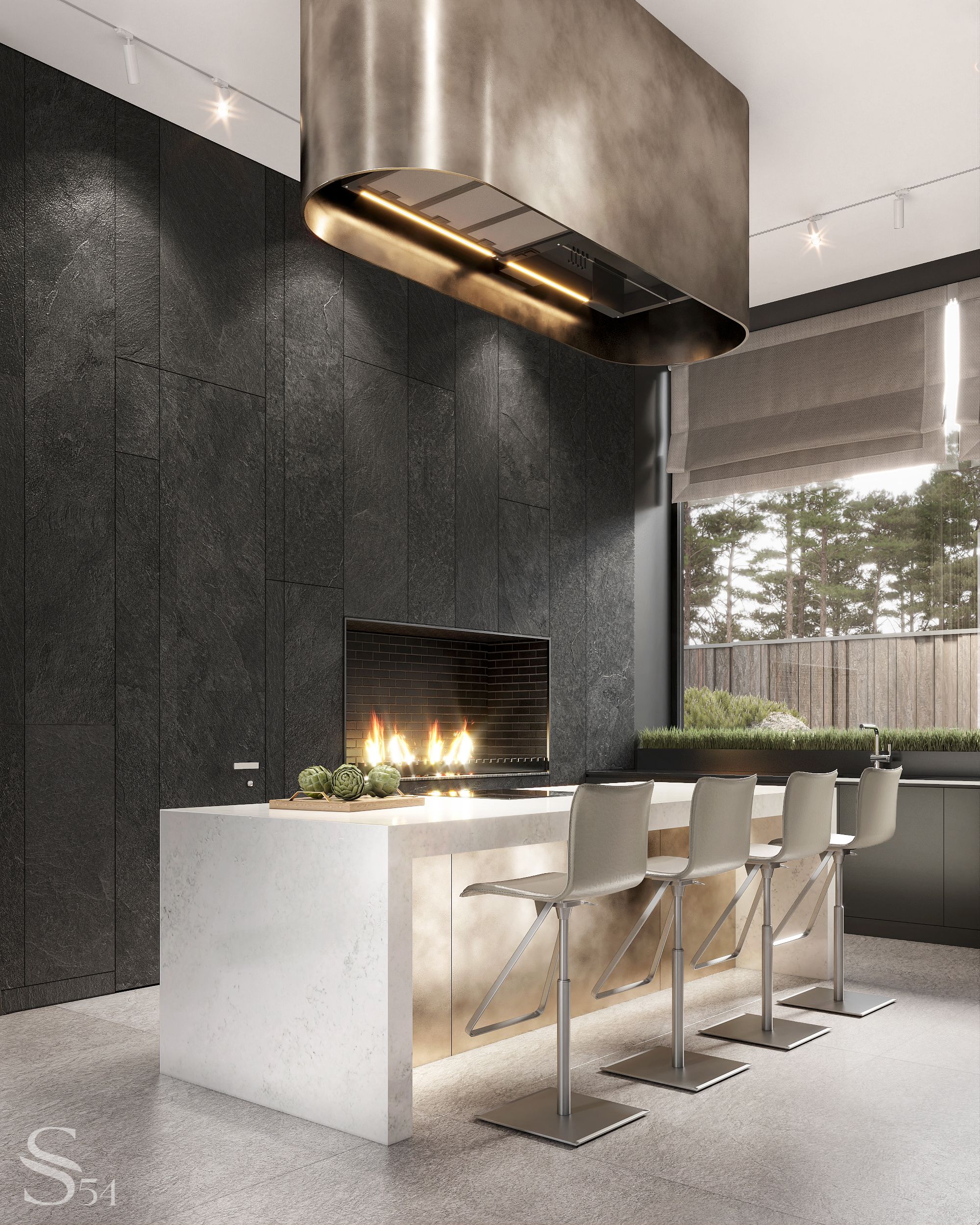 Expressive kitchen bar with enclosed storage and electric fireplace