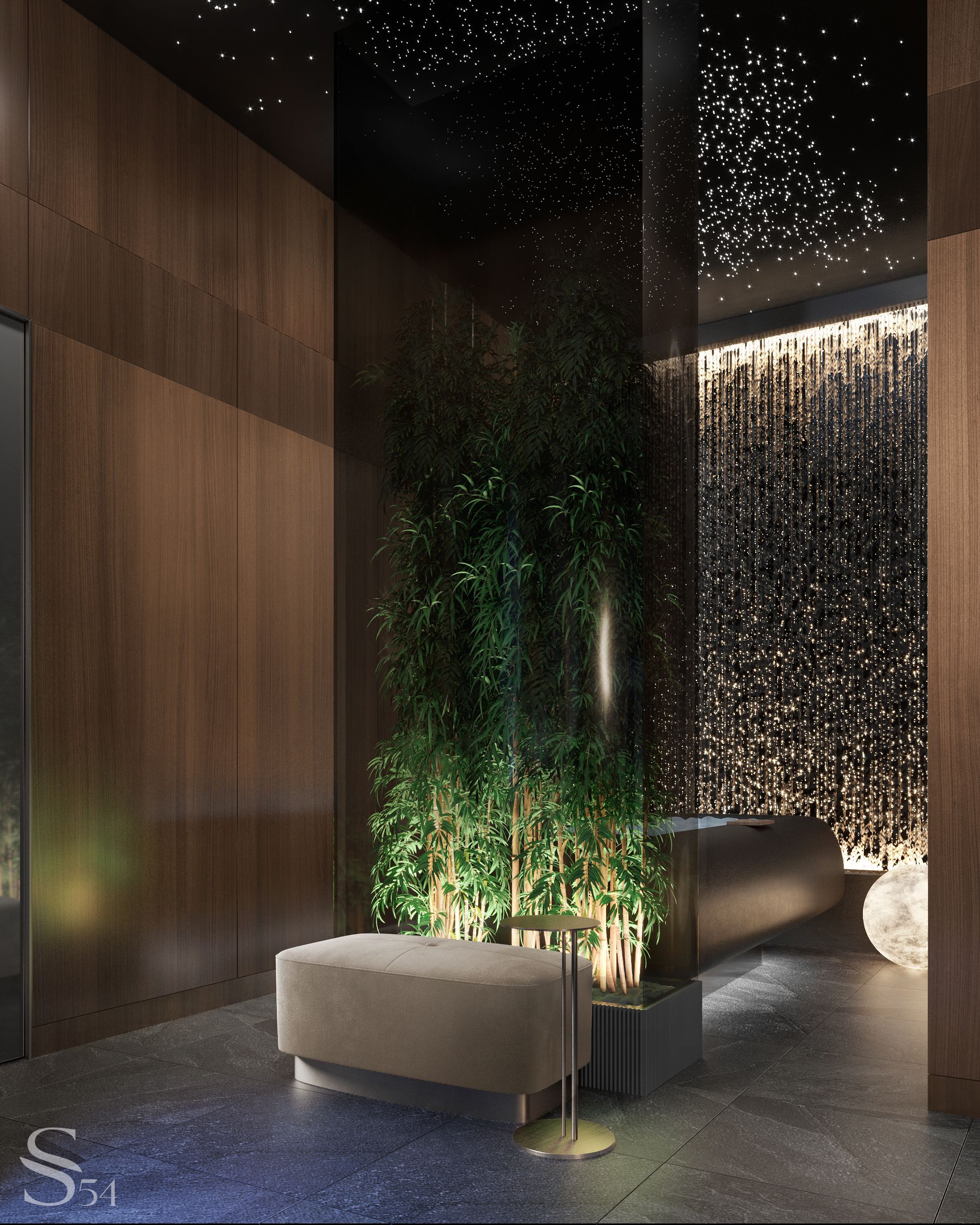 The showers and lobby are finished in marble. The ceiling is decorated with sparkling "starry sky" lighting inspired by the Rolls-Royce gimmick