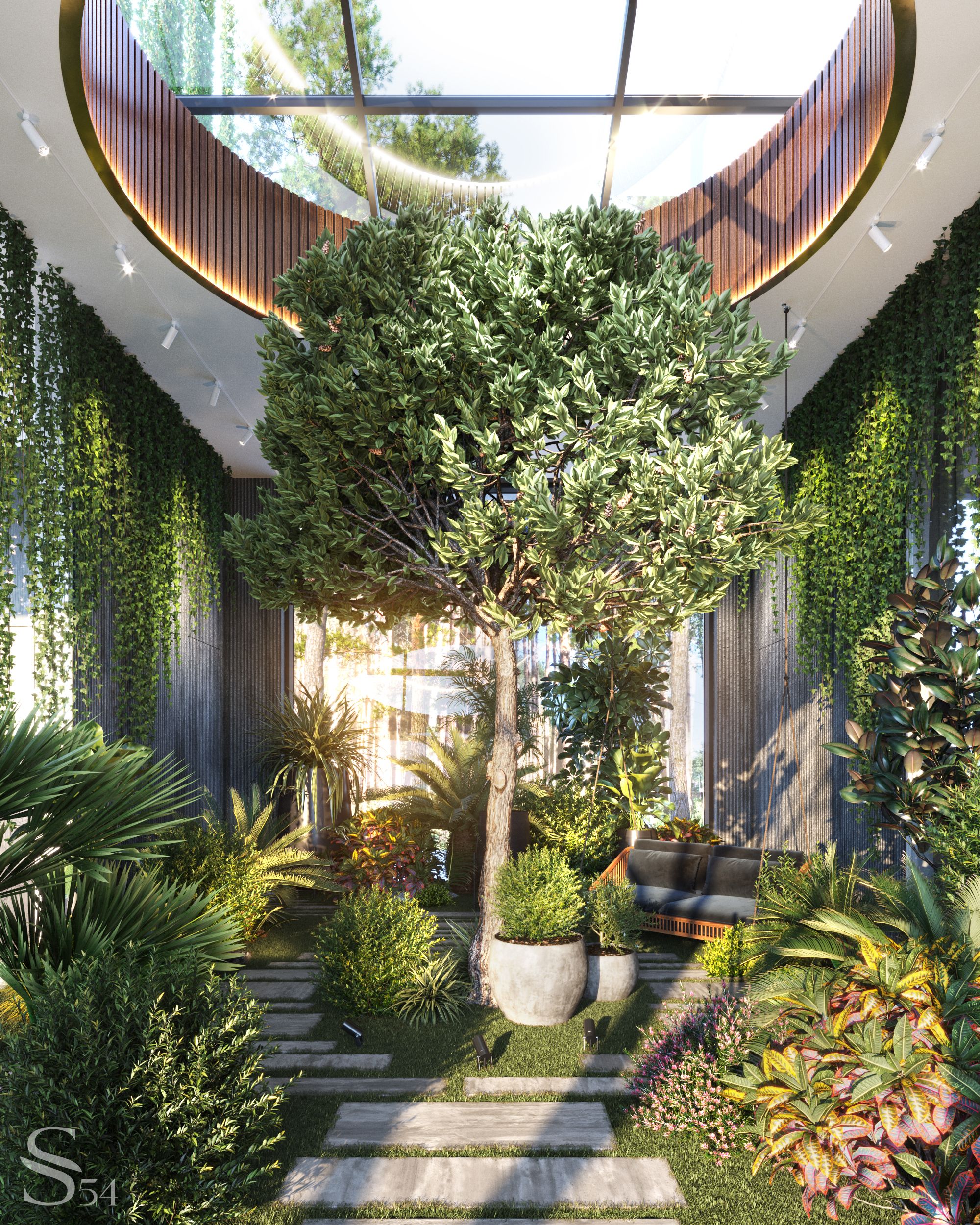 Bright winter garden on the first floor is located in a special glassed cube