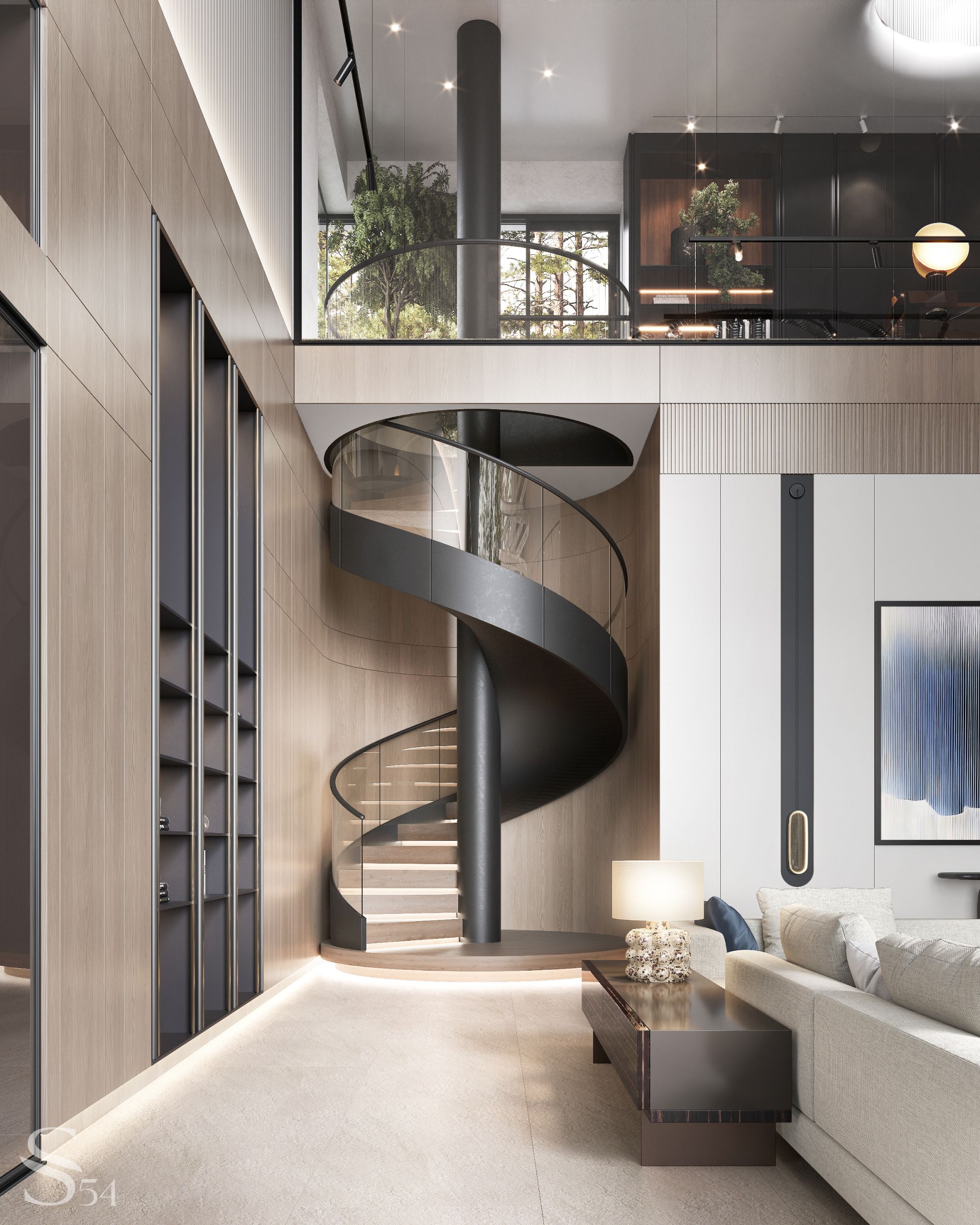 A spiral staircase leads to the second floor where the master suites are located
