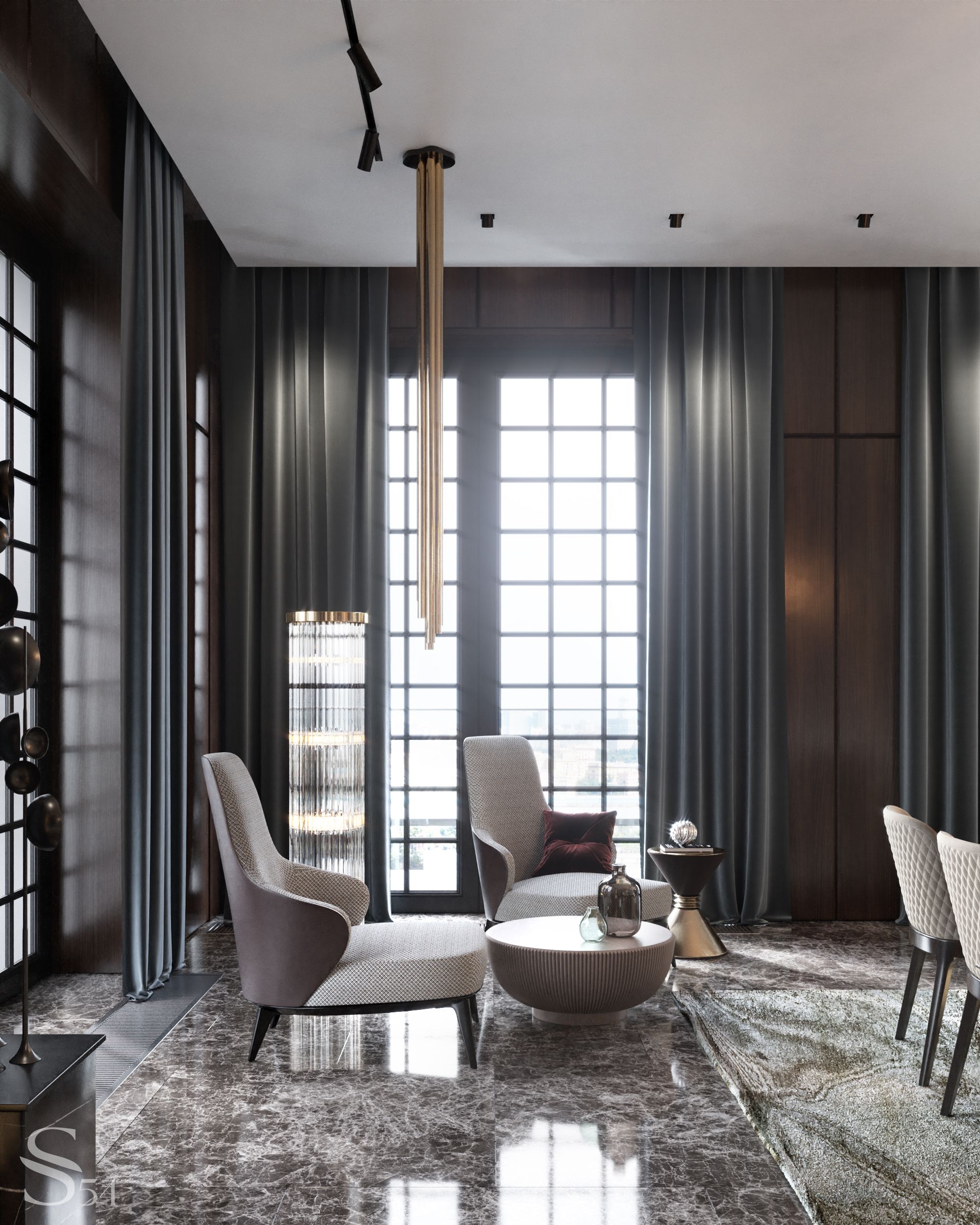 Armchairs Minotti, table Baxter in the dining room interior