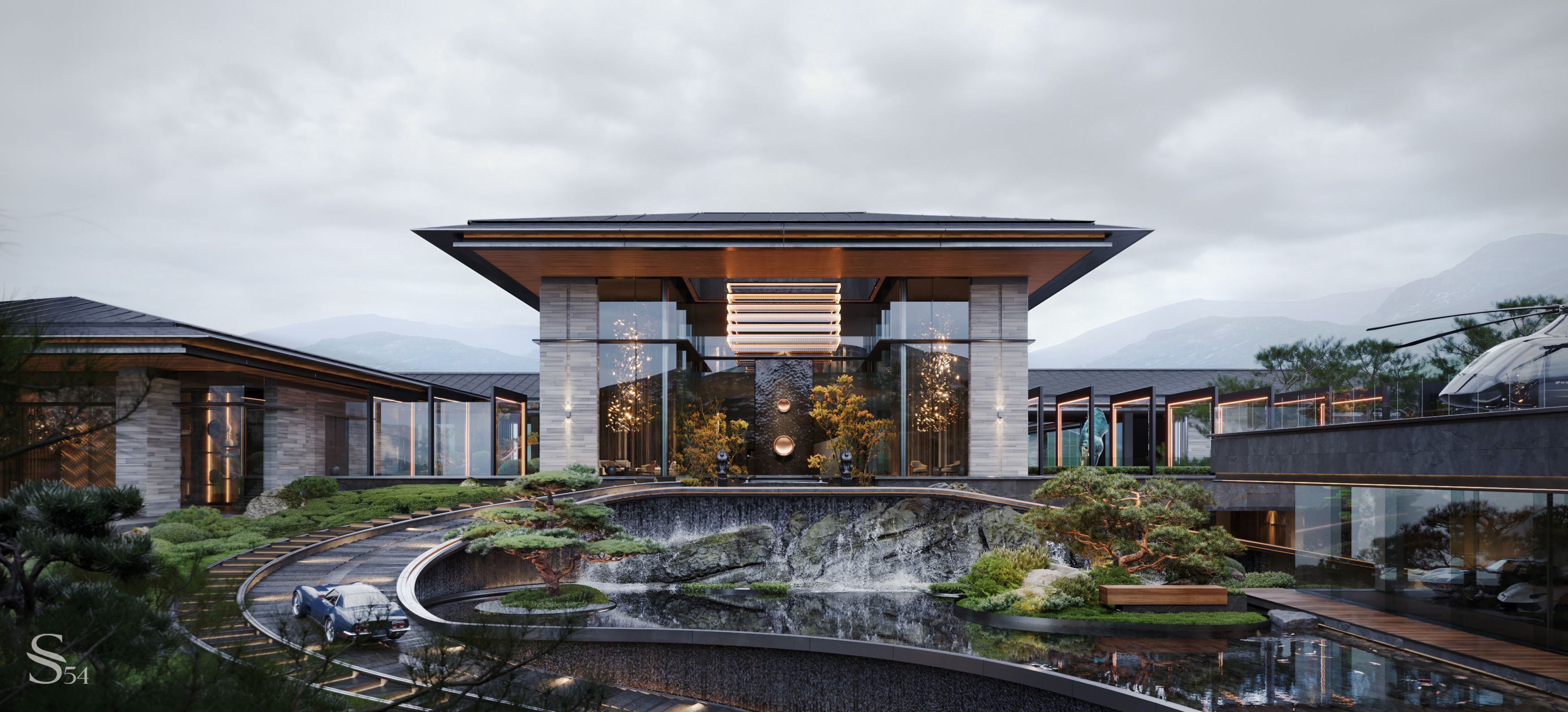 View of the front entrance. To the right is the garage and helipad. 