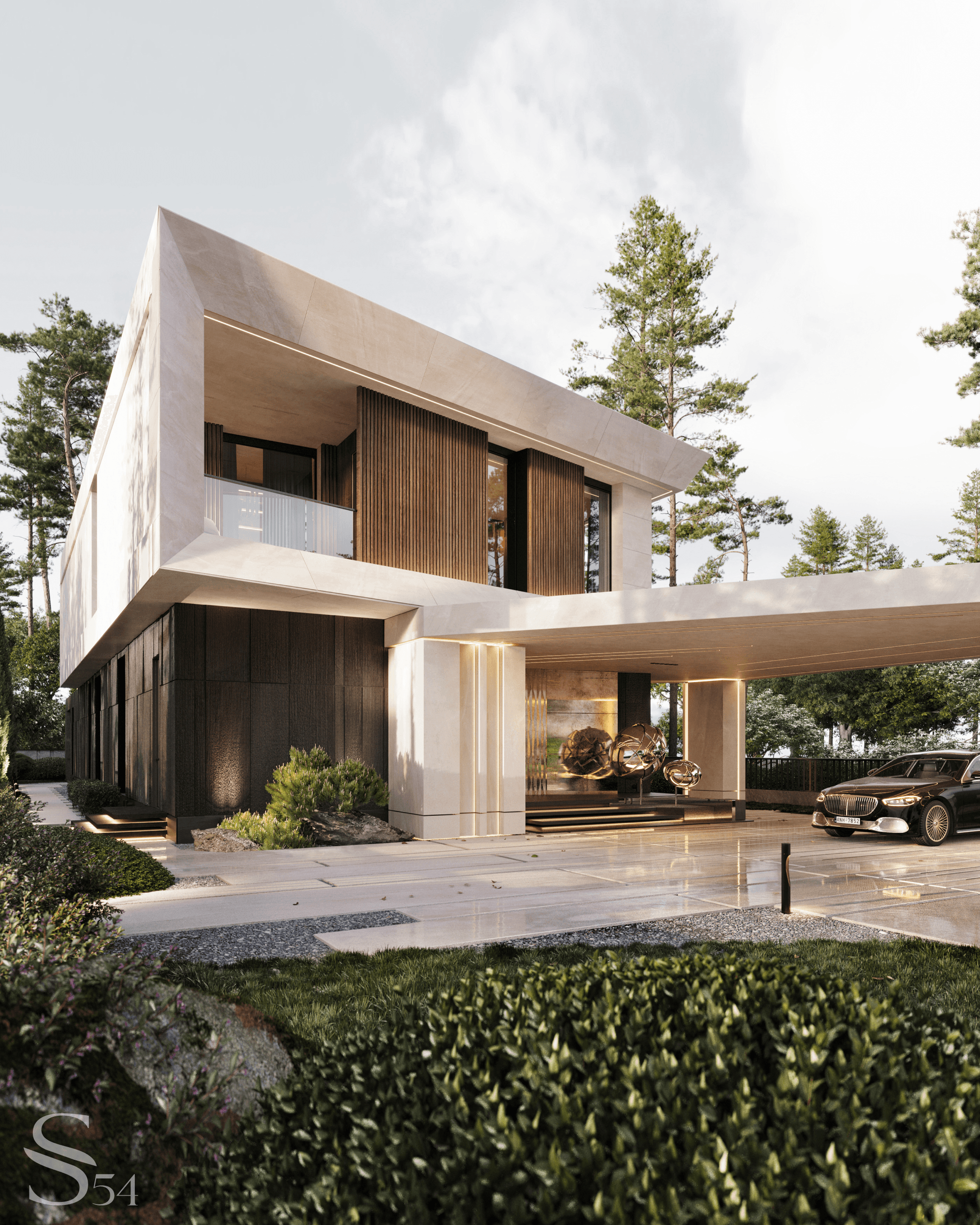The combination of smooth white stone and rough textured black ceramic granite, along with the original form of the facade visible from all sides, makes this house bright and radiant without standing out from the overall landscape composition.