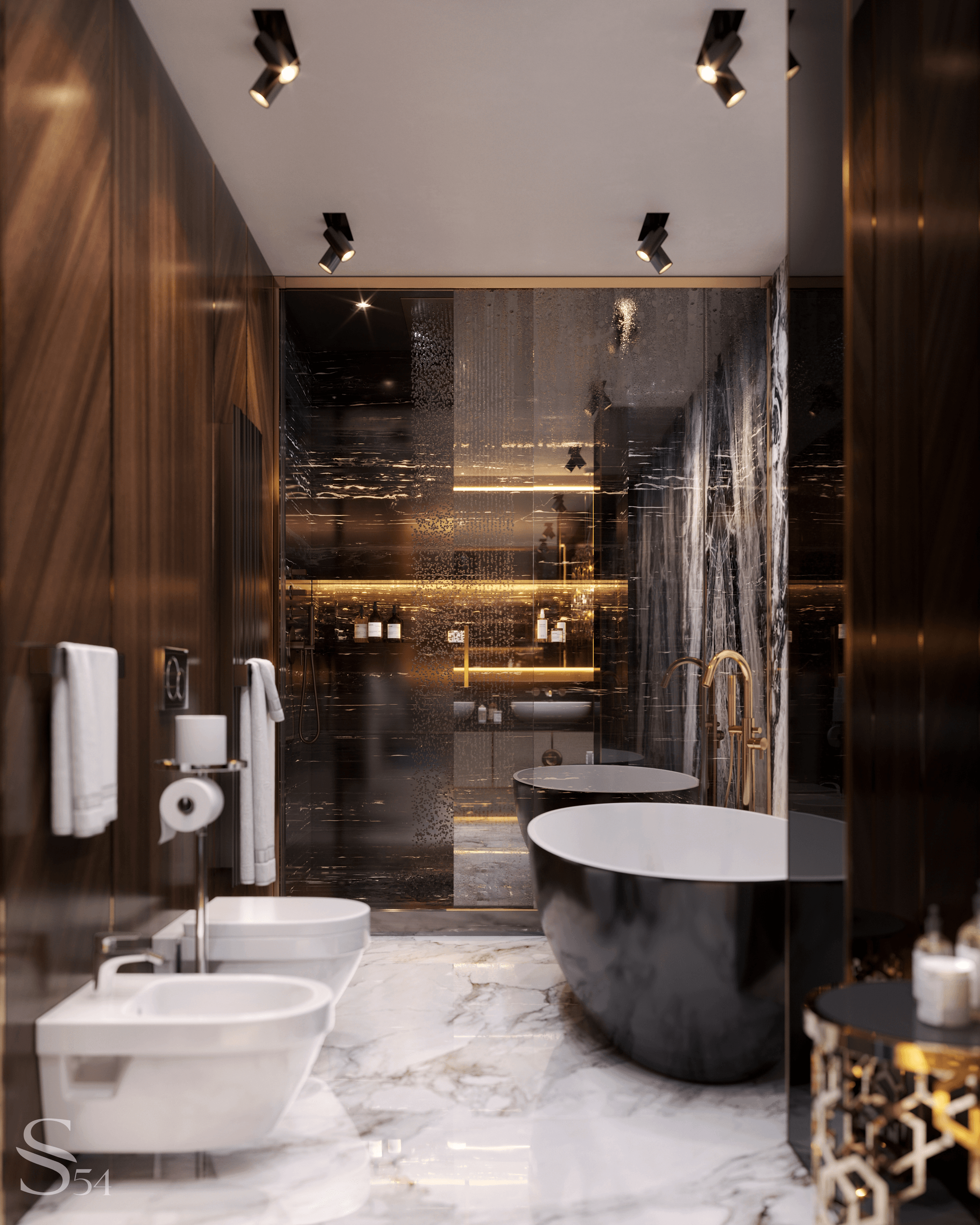 The contrasting combination of white and black marble is highlighted by brass elements