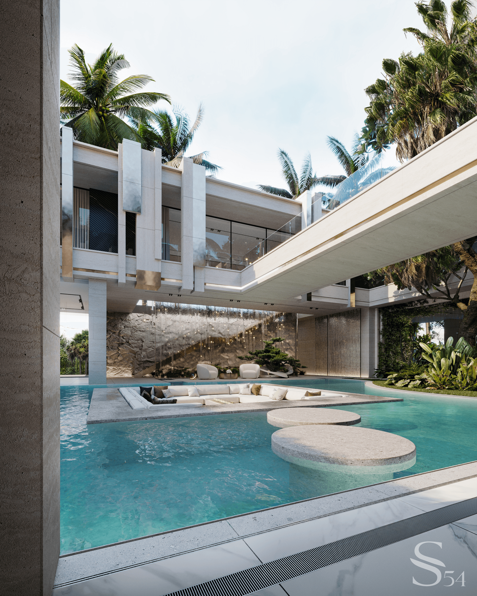 Inside the indoor pool, there is a lounge area with a hearth, which can be approached by spectacular concrete slabs