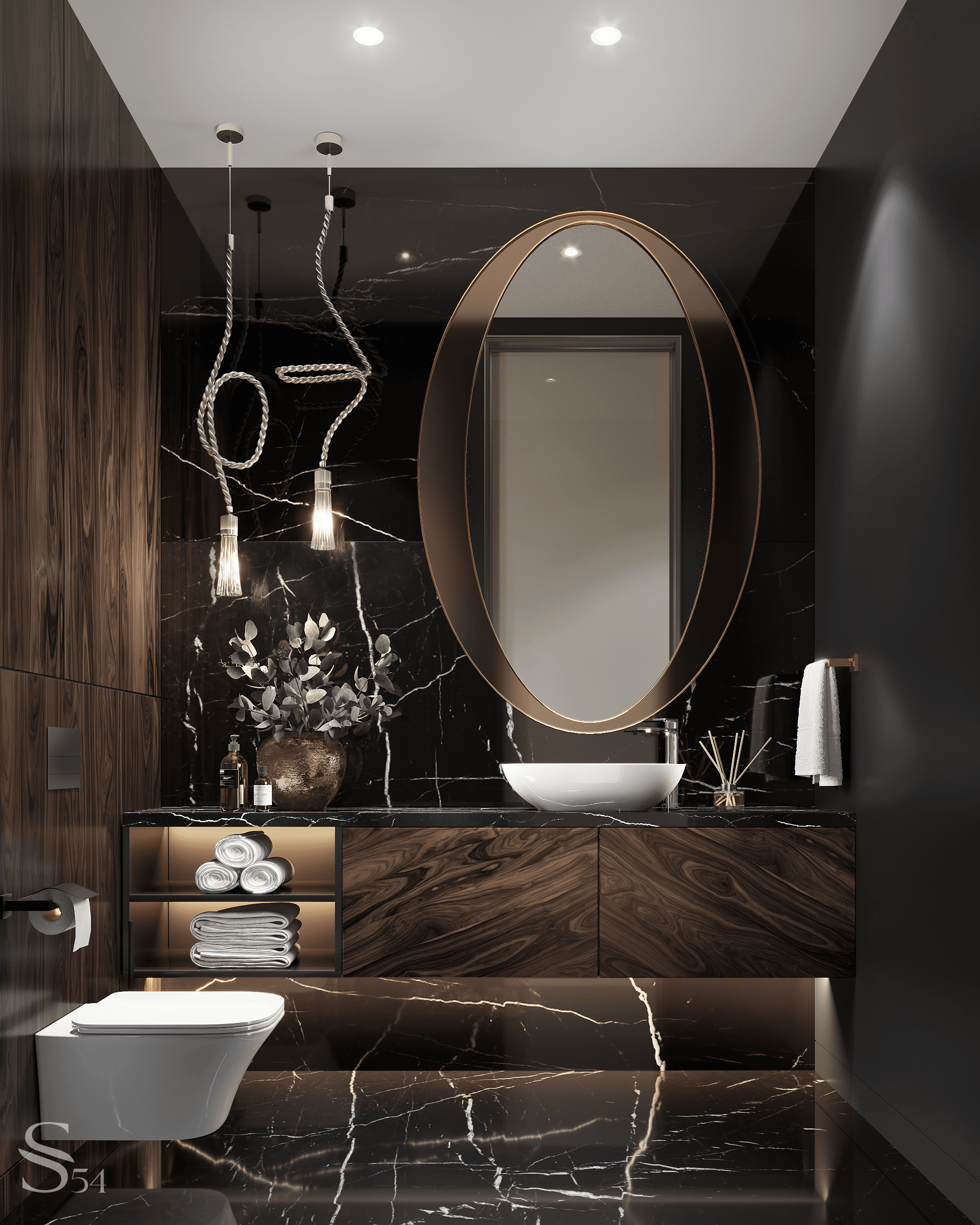 Second guest bathroom. Both are done in a dramatic dark color scheme
