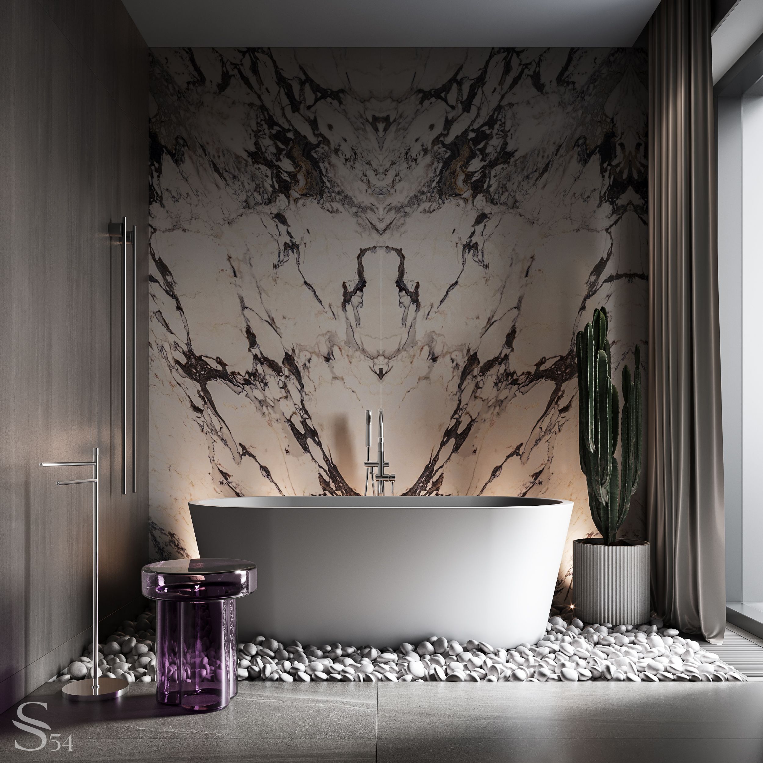 The marble slab, brought from Italy and manually selected by Studia 54, is meticulously arranged in a captivating "butterfly" layout, transforms the space into a masterpiece.  Natural stone's versatility comes to the fore as the bath is encased in luminous pebbles, evoking the serenity of a pristine seashore.