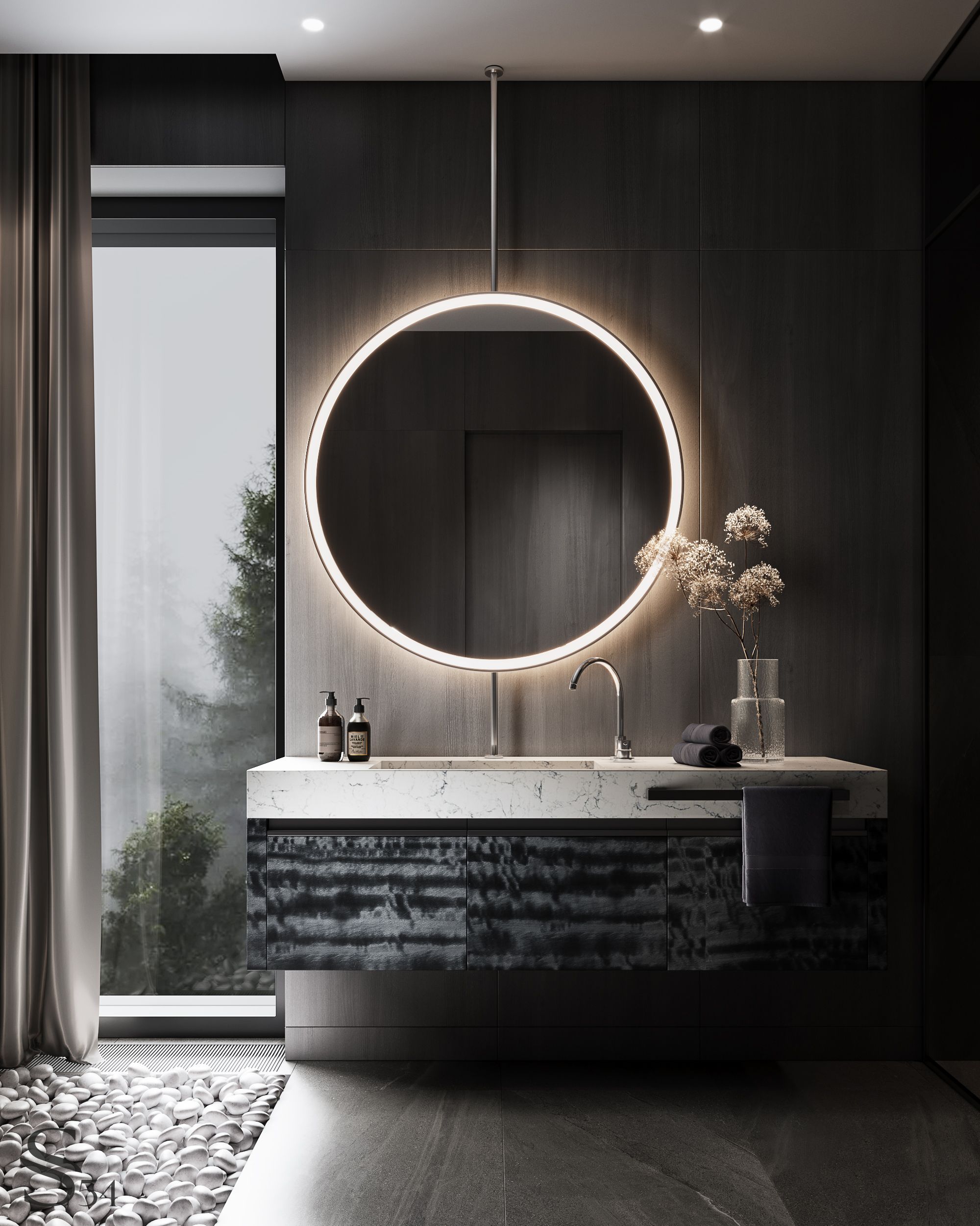 The sink is adorned with veneer from eucalyptus wood—an exclusive material characterized by its distinctive texture that amplifies the interior's natural motif. The panorama beyond the window serves as an awe-inspiring backdrop, an element to be cherished.