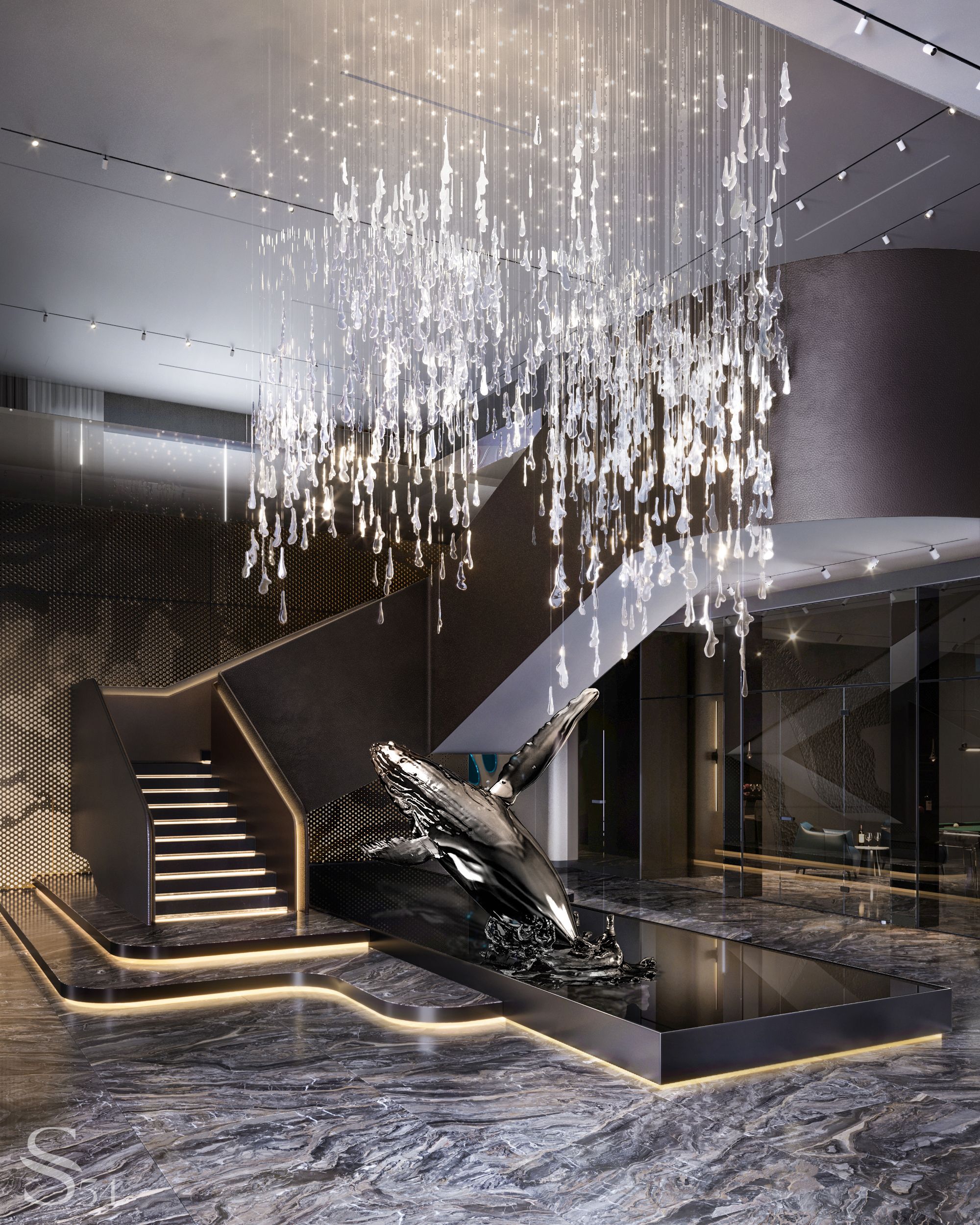 A glass podium showcases a leaping whale near the staircase. 
