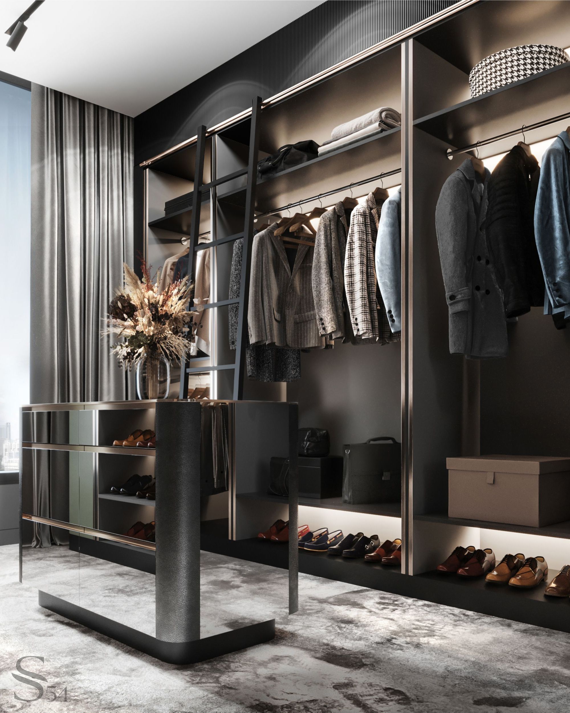 The men's dressing room is characterized by minimalism and strict lines