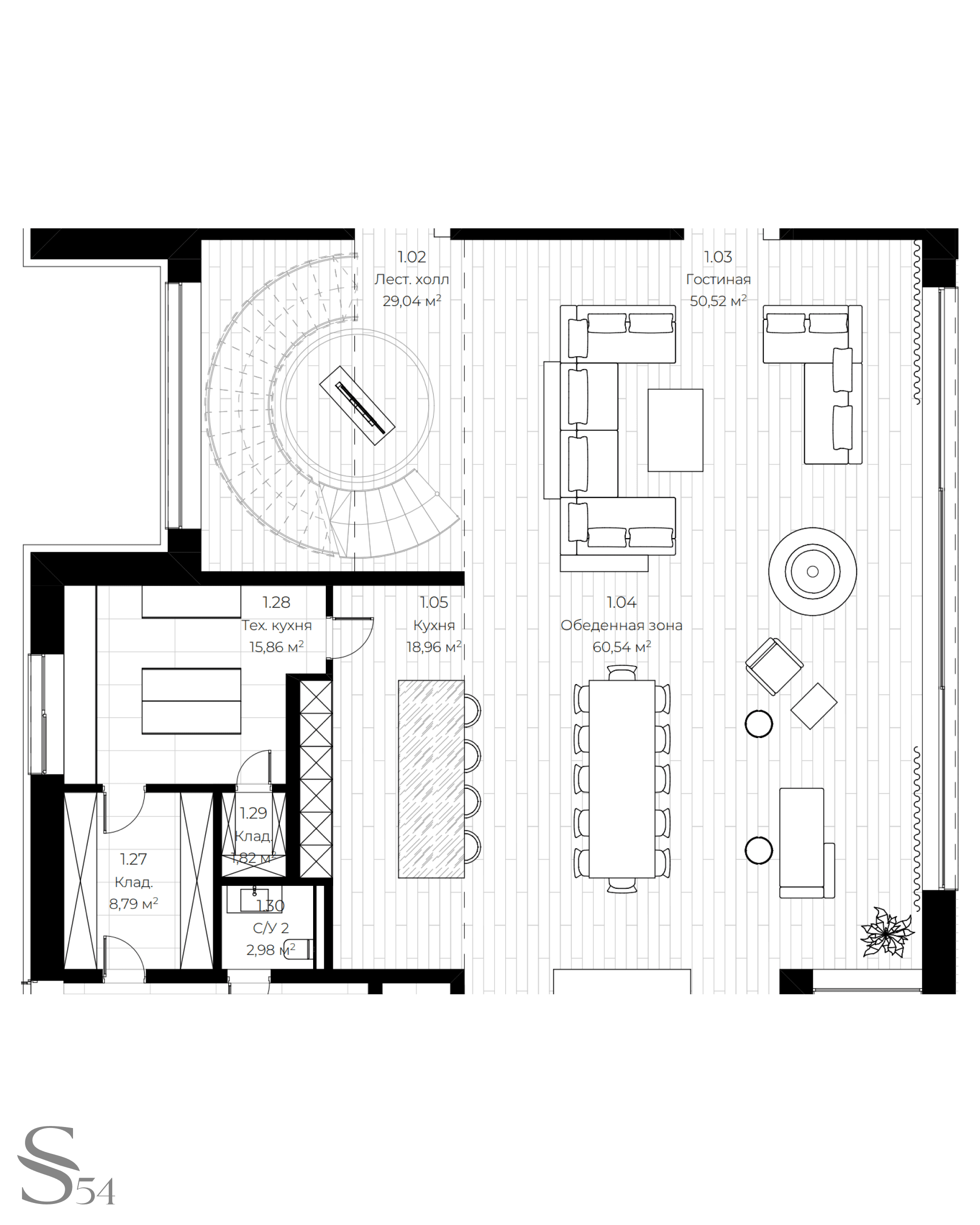 Layout of dining area with technical kitchen 