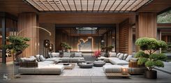 Terrace with outdoor sofas in Japanese style by Studio 54