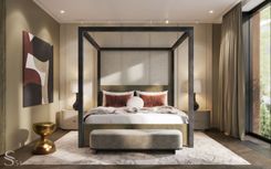 The master bedroom is made in camouflage shades, including khaki, brick red, burnt sienna and graphite grey