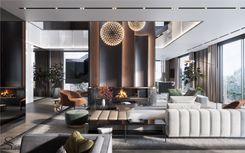 The living room furniture group is provided by Minotti. The island fireplace is adorned with curved metal sheets with side lighting, some of which are covered in leather