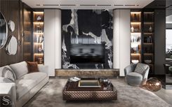 The TV area is adorned with Panda Black marble, and there is a suspended cabinet made of patinated brass. The side protruding elements of the shelves are covered in leather. The furniture group by Minotti