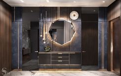 Graphic Cattelan mirror, custom leather cabinet