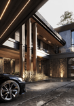We used light brown wood, graphite black natural slate and metal to finish the house