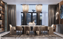 Dining room and terrace. Chandeliers by Baylar Atelier, Mount Brown marble flooring